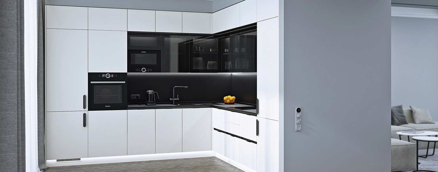Белая кухня с черной столешницей + 20 фото