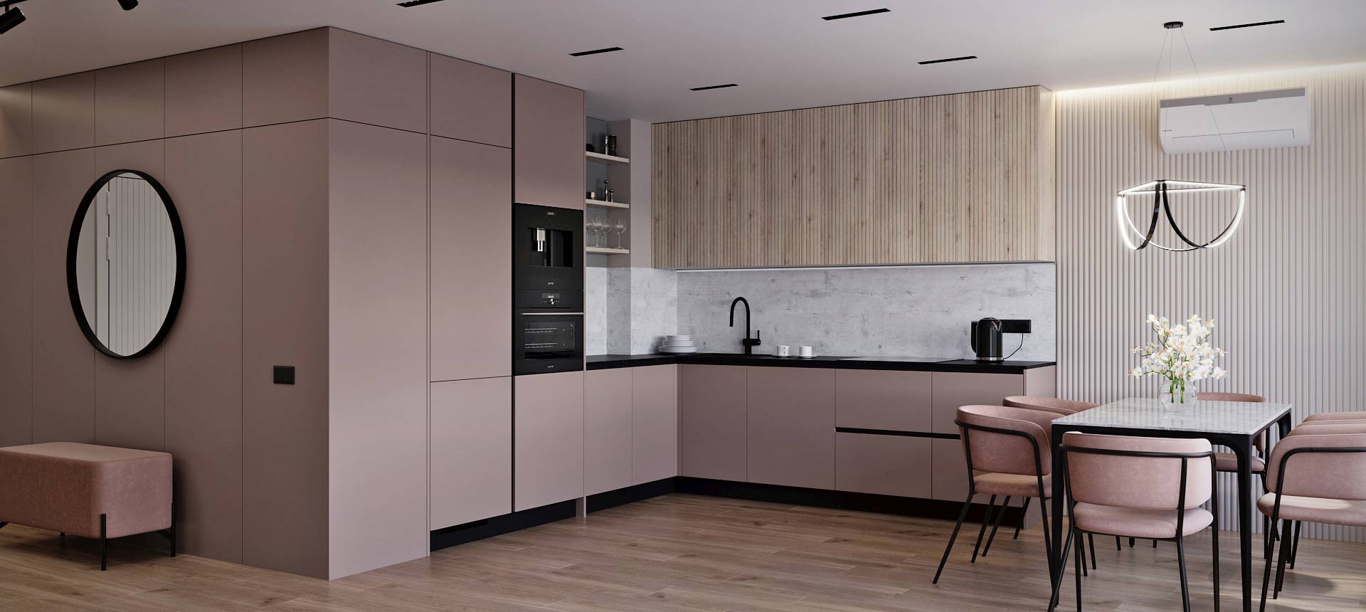 Розовый кварц матовый / Сосна Аланд 