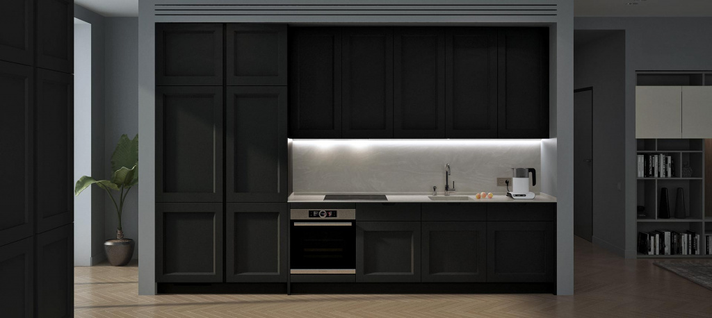 Черная матовая кухня и подсветкой над столешницей