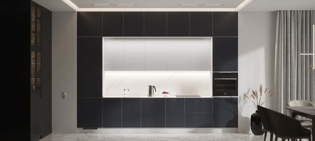 Черная кухня с белым потолком